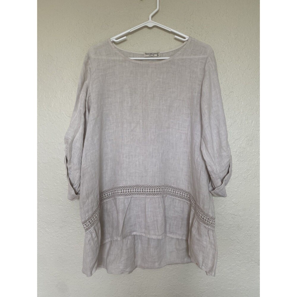 Terzo Millennio Top Women M Samd Linen Boat Neck Lace Bottom 3/4 Sleeve